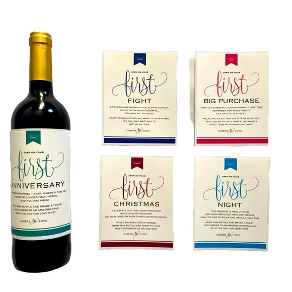 Adhesive Wine Bottle Labels Newlyweds Year Of Firsts Waterproof Peel And Stick 5 - Picture 1 of 8